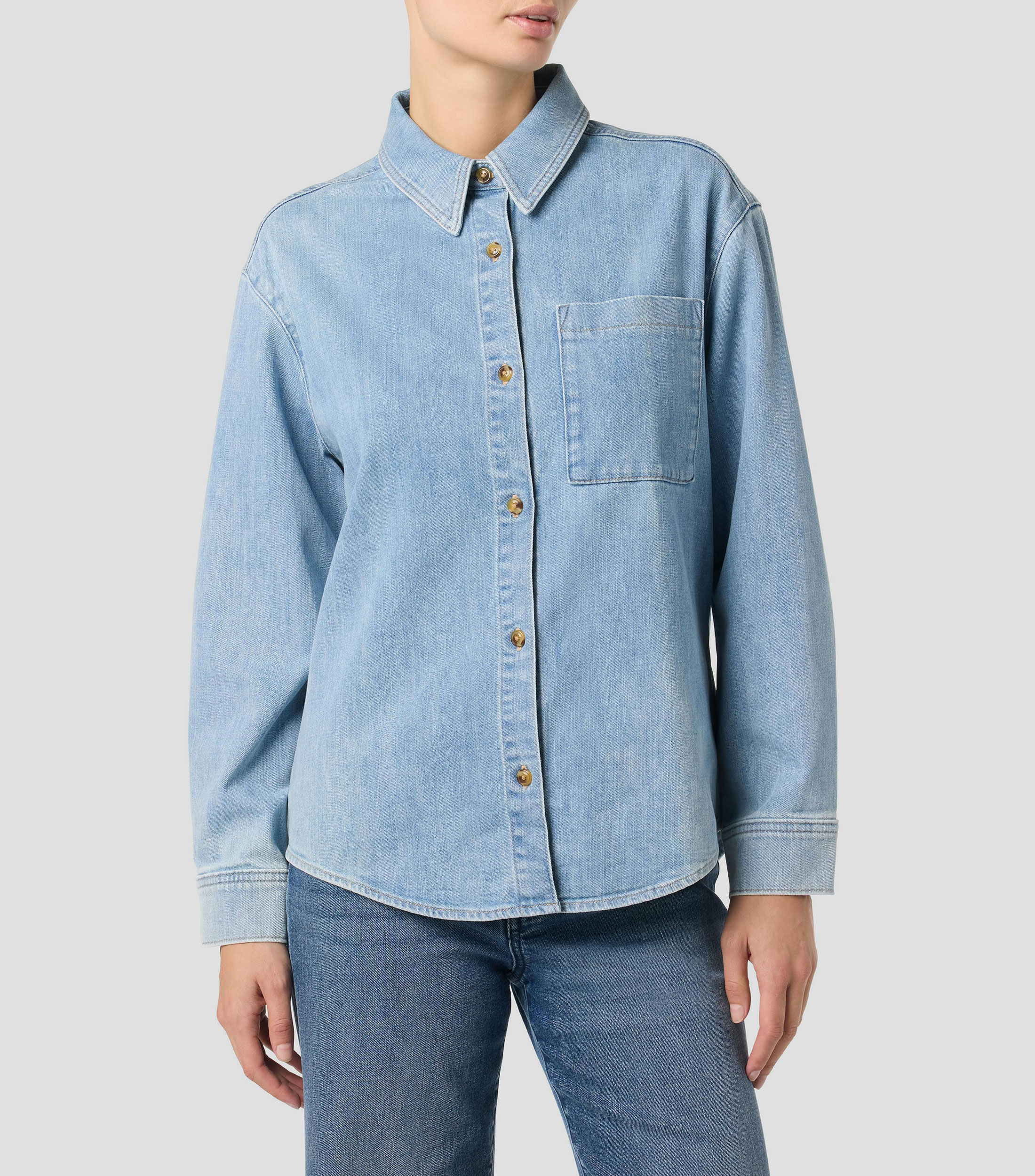 Camisa de mezclilla lisa con manga larga Mujer